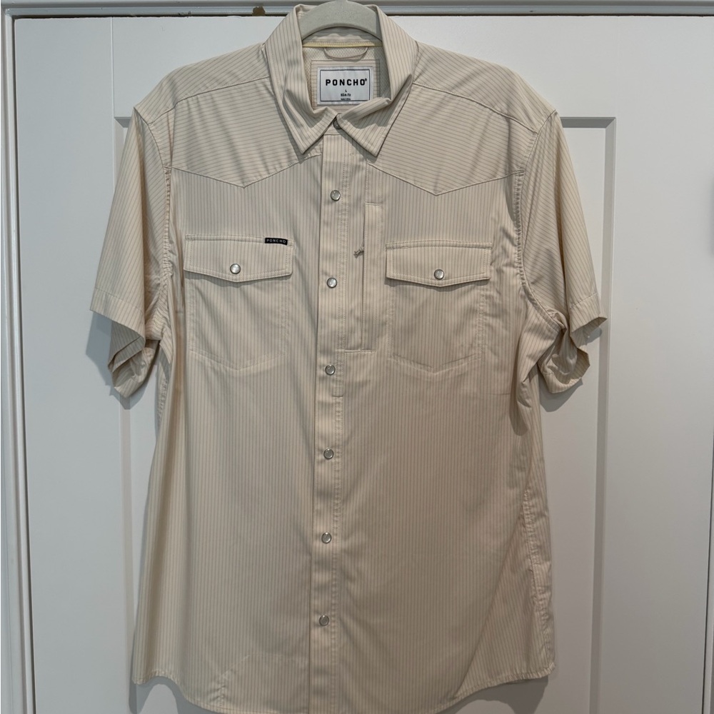 Tan Striped Poncho Pearl Snap Collared Shirt LG Slim